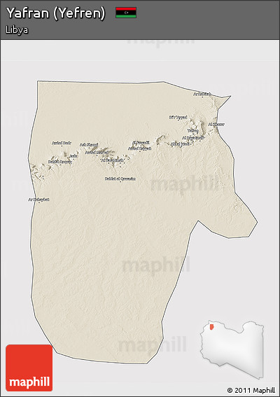 Shaded Relief 3D Map of Yafran (Yefren), cropped outside