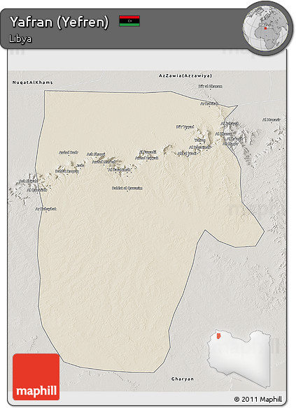 Shaded Relief 3D Map of Yafran (Yefren), semi-desaturated