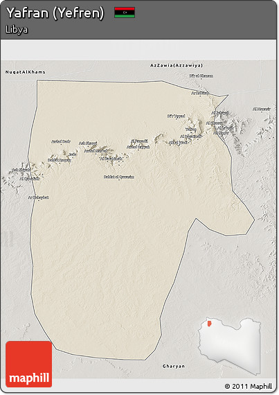 Shaded Relief 3D Map of Yafran (Yefren), semi-desaturated