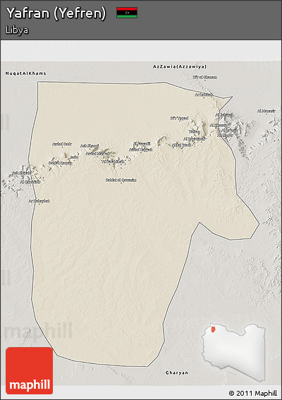 Shaded Relief 3D Map of Yafran (Yefren), semi-desaturated