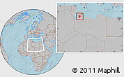 Gray Location Map of Yafran (Yefren), within the entire country, hill shading