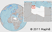 Gray Location Map of Yafran (Yefren), highlighted country, within the entire country, hill shading