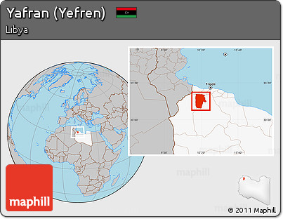 Gray Location Map of Yafran (Yefren), highlighted country