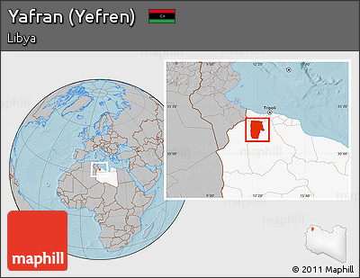 Gray Location Map of Yafran (Yefren), highlighted country, hill shading