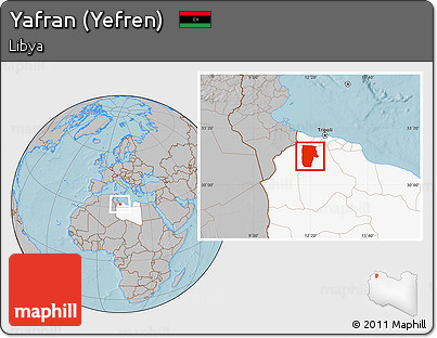 Gray Location Map of Yafran (Yefren), highlighted country, hill shading