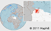 Gray Location Map of Yafran (Yefren), highlighted country, hill shading