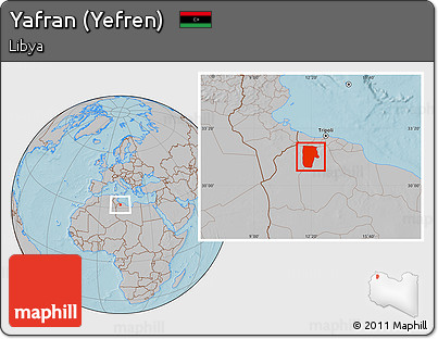Gray Location Map of Yafran (Yefren), hill shading