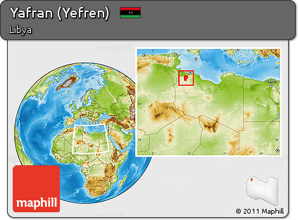 Physical Location Map of Yafran (Yefren), within the entire country