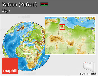 Physical Location Map of Yafran (Yefren), within the entire country