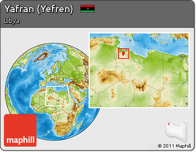 Physical Location Map of Yafran (Yefren), within the entire country