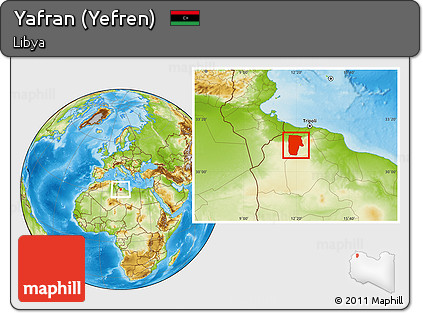 Physical Location Map of Yafran (Yefren)