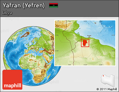 Physical Location Map of Yafran (Yefren)