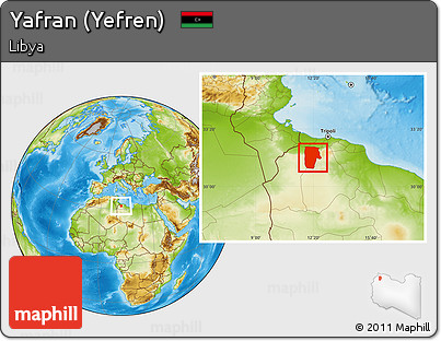 Physical Location Map of Yafran (Yefren)