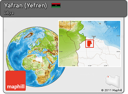 Physical Location Map of Yafran (Yefren), highlighted country
