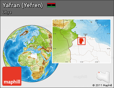 Physical Location Map of Yafran (Yefren), highlighted country