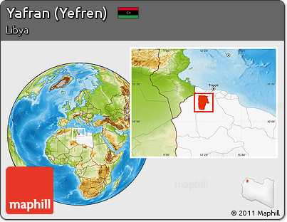 Physical Location Map of Yafran (Yefren), highlighted country