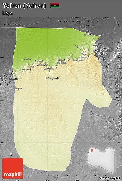 Physical Map of Yafran (Yefren), darken, desaturated