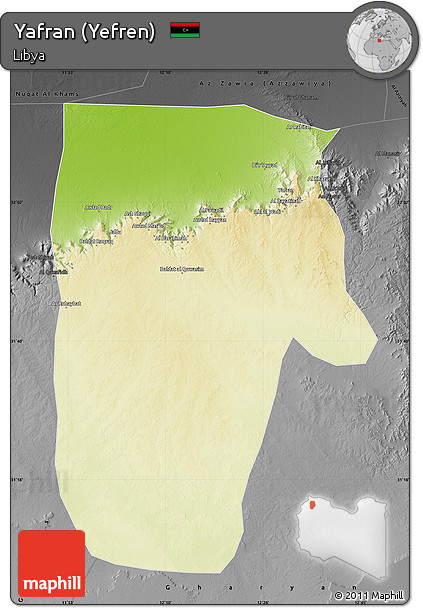 Physical Map of Yafran (Yefren), darken, desaturated
