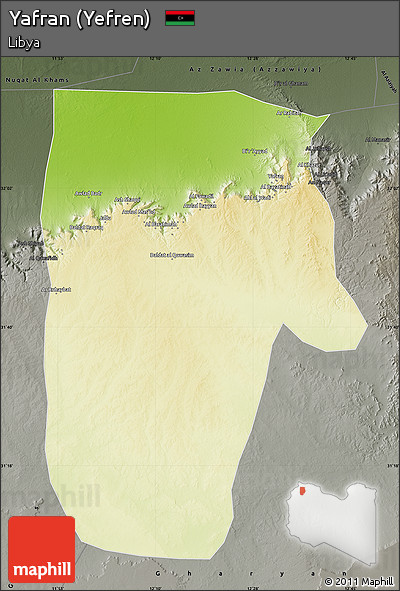 Physical Map of Yafran (Yefren), darken, semi-desaturated