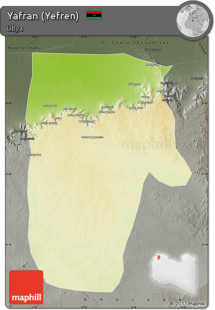 Physical Map of Yafran (Yefren), darken, semi-desaturated