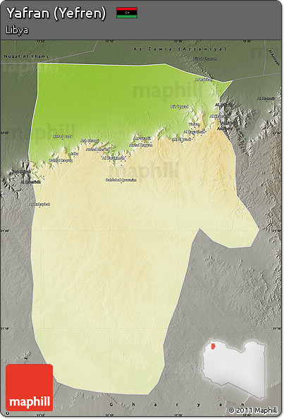 Physical Map of Yafran (Yefren), darken, semi-desaturated