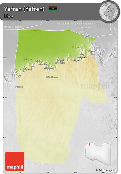 Physical Map of Yafran (Yefren), lighten, desaturated