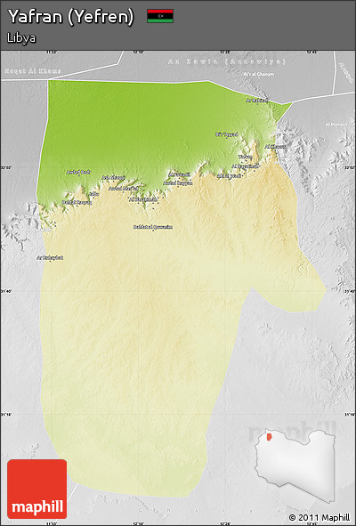 Physical Map of Yafran (Yefren), lighten, desaturated