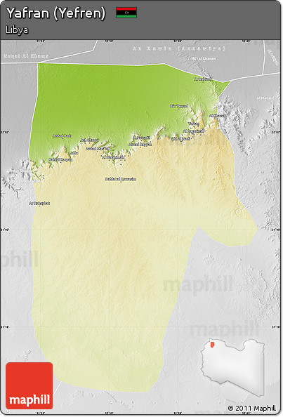 Physical Map of Yafran (Yefren), lighten, desaturated