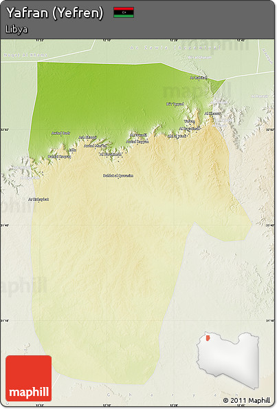 Physical Map of Yafran (Yefren), lighten