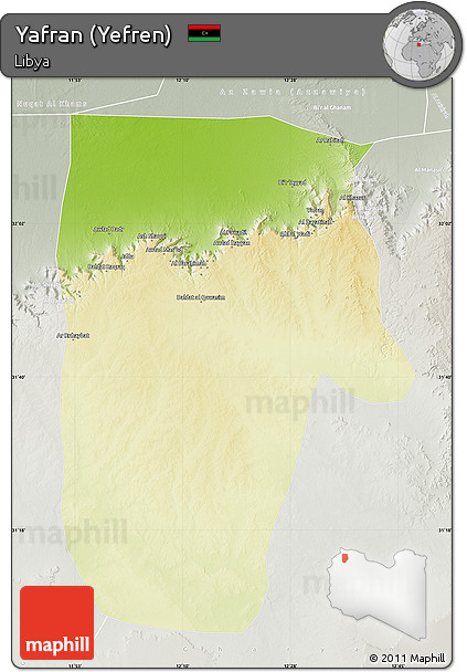 Physical Map of Yafran (Yefren), lighten, semi-desaturated