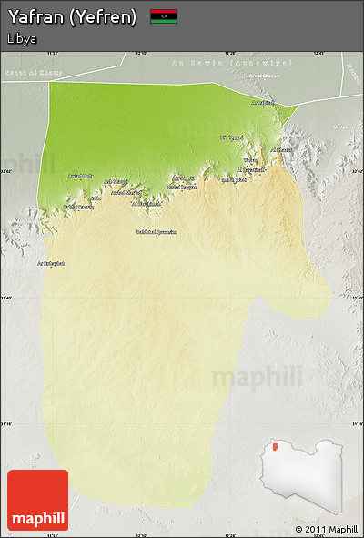 Physical Map of Yafran (Yefren), lighten, semi-desaturated