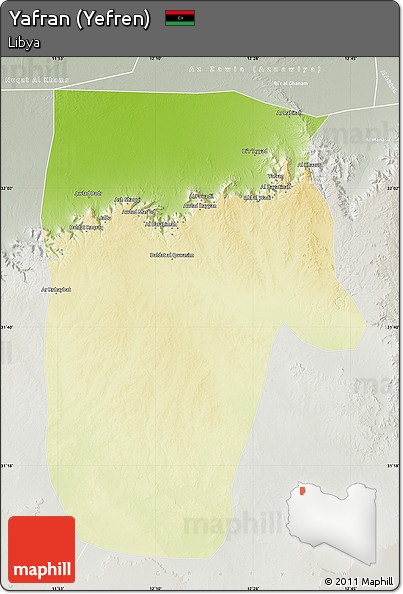 Physical Map of Yafran (Yefren), lighten, semi-desaturated