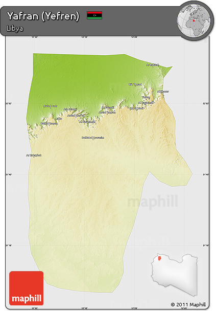 Physical Map of Yafran (Yefren), single color outside
