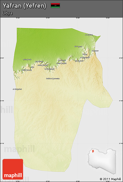 Physical Map of Yafran (Yefren), single color outside