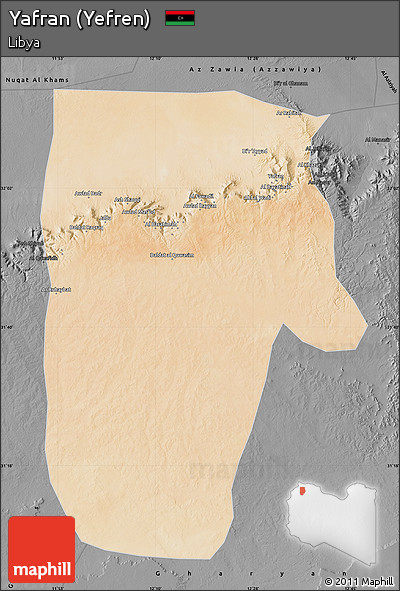 Satellite Map of Yafran (Yefren), darken, desaturated
