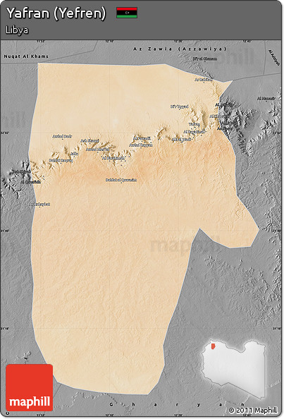 Satellite Map of Yafran (Yefren), darken, desaturated