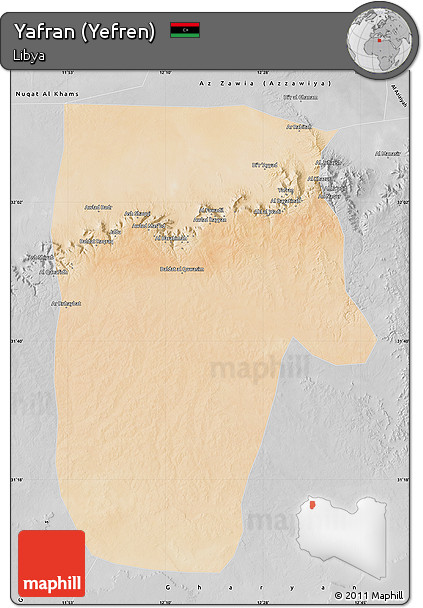 Satellite Map of Yafran (Yefren), desaturated