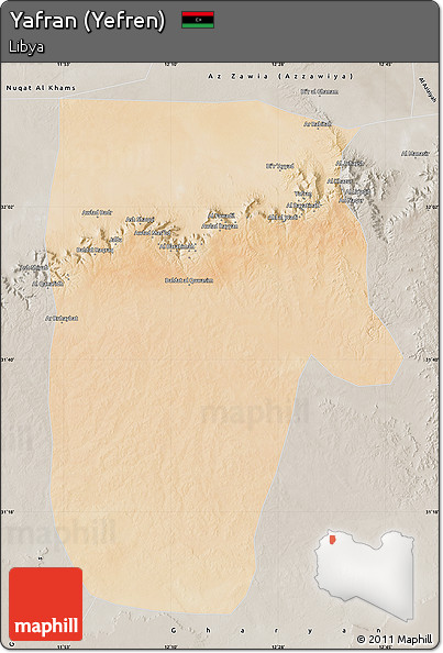 Satellite Map of Yafran (Yefren), semi-desaturated