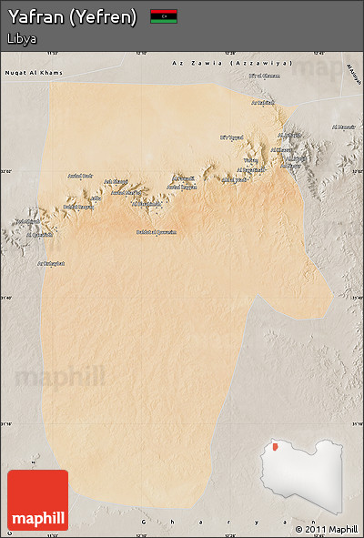 Satellite Map of Yafran (Yefren), semi-desaturated
