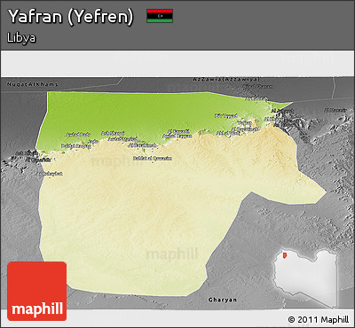 Physical Panoramic Map of Yafran (Yefren), darken, desaturated