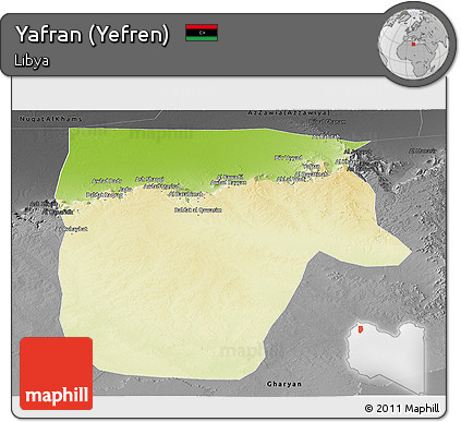 Physical Panoramic Map of Yafran (Yefren), darken, desaturated