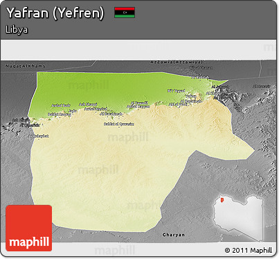 Physical Panoramic Map of Yafran (Yefren), darken, desaturated