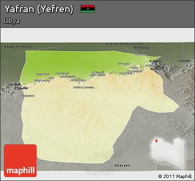 Physical Panoramic Map of Yafran (Yefren), darken, semi-desaturated