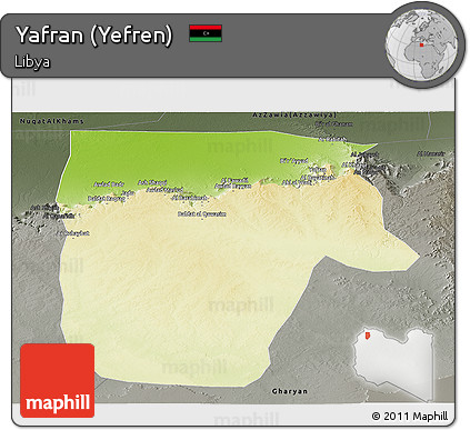 Physical Panoramic Map of Yafran (Yefren), darken, semi-desaturated