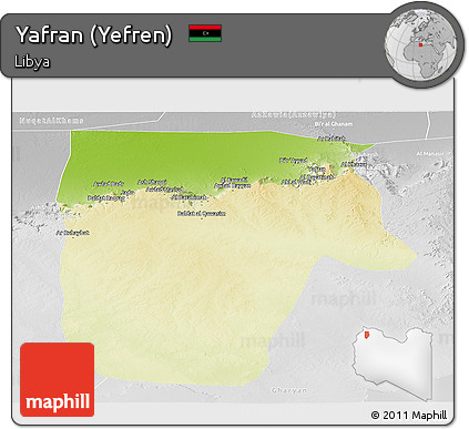 Physical Panoramic Map of Yafran (Yefren), lighten, desaturated