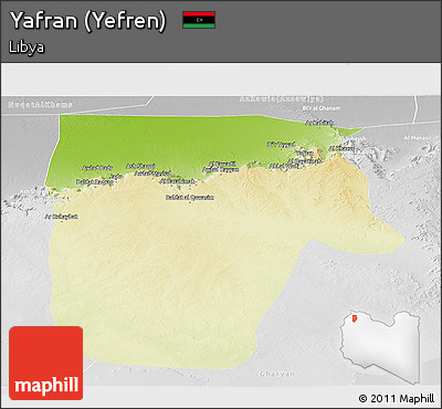 Physical Panoramic Map of Yafran (Yefren), lighten, desaturated