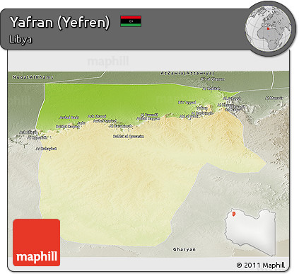 Physical Panoramic Map of Yafran (Yefren), semi-desaturated