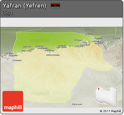 Physical Panoramic Map of Yafran (Yefren), semi-desaturated