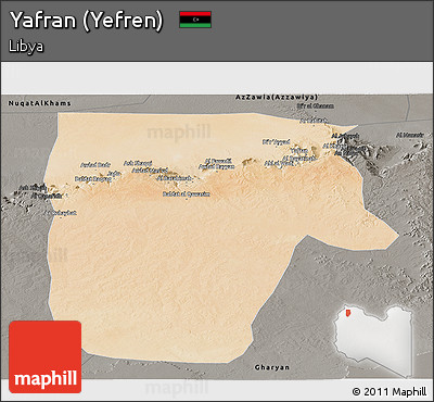 Satellite Panoramic Map of Yafran (Yefren), darken, semi-desaturated
