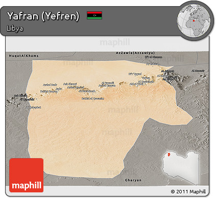 Satellite Panoramic Map of Yafran (Yefren), darken, semi-desaturated